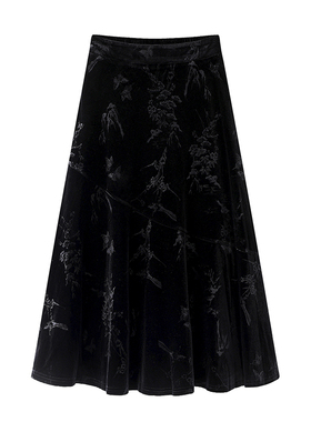 影系~新中式国风丝绒半身裙女2025冬装新款轻奢提花暗纹黑色a字裙