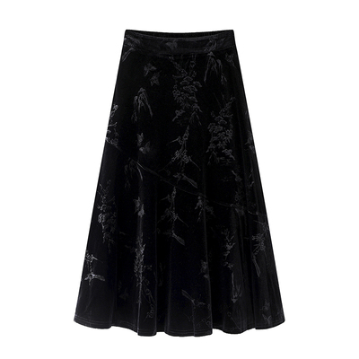 影系~新中式国风丝绒半身裙女2025冬装新款轻奢提花暗纹黑色a字裙