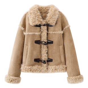 加绒皮毛一体牛角扣仿皮草羊羔毛短外套女 新款 柜600 2025秋冬季