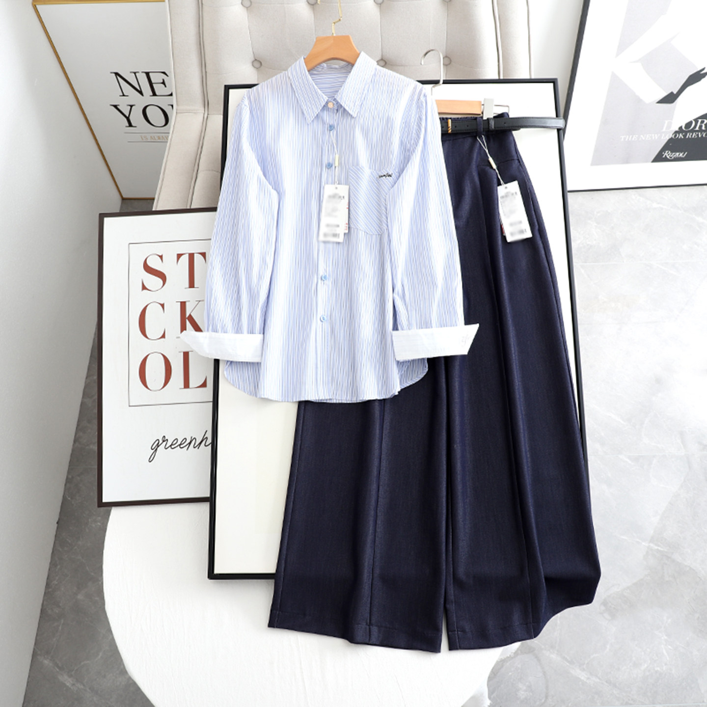伊系の一套入!韩版Polo领蓝色条纹衬衫+高腰显瘦休闲直筒阔腿裤