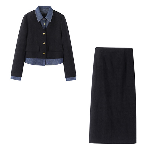 彩系！时尚百搭灯芯绒假两件短外套+高腰显瘦中长款A字半身裙套装