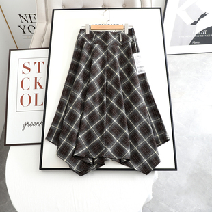 诗系の2026春新款时尚百搭高腰显瘦格子中长款不规则A字半身裙女