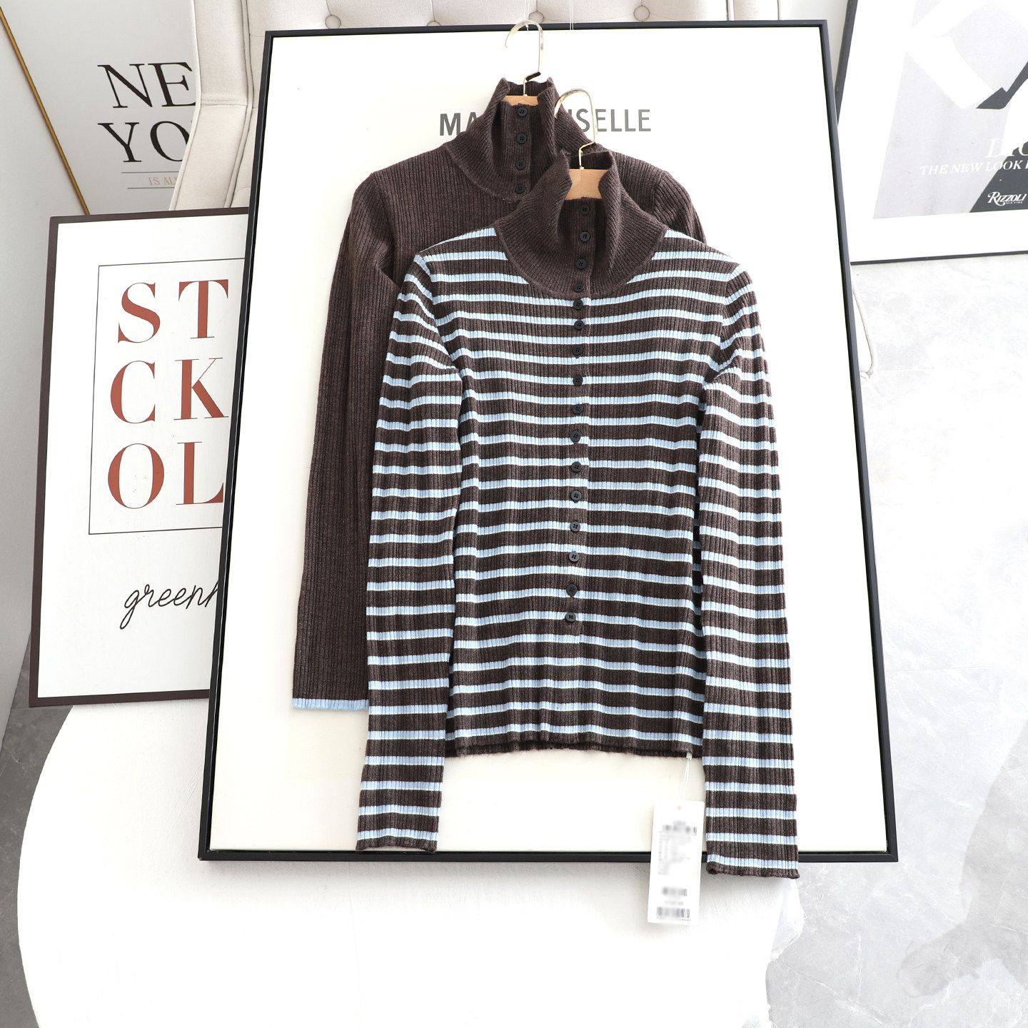 麦系の2026春新款时尚百搭气质修身显瘦条纹半高领针织开衫女上衣,女装/女士精品,毛针织衫,淘宝优惠券,粉丝福利购,淘宝优惠卷