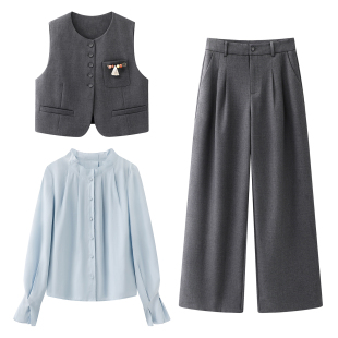 女2026春季 马甲套装 新款 咖色阔腿裤 影系 高知感穿搭套装 通勤西装