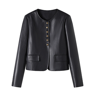 彩系の圆领单排扣短款PU皮外套女2025秋新款黑色百搭宽松皮衣夹克