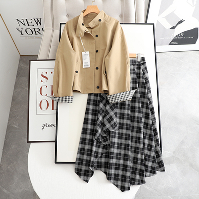 伊系の时尚百搭小个子短款风衣外套+高腰显瘦不规则格子A字半身裙