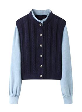 柜379+の2025秋冬新款时尚百搭气质显瘦拼接假两件针织开衫女毛衣