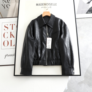 新款 翻领松弛夹克光泽感皮衣短外套女2026春季 廓形显瘦短款 伊系