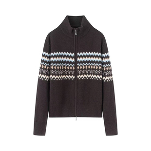 艾系 女2025秋冬宽松显瘦毛衣外套 费尔岛风立领拉链提花针织开衫