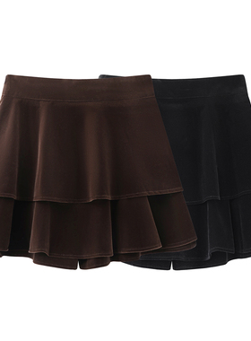 影系の复古咖色丝绒半身裙女短裙2026春装新款小个子百褶蛋糕裙