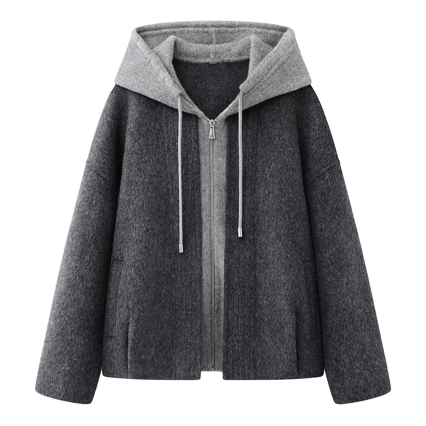 彩系の2025秋冬季新款时尚百搭气质显瘦假两件连帽双面呢短外套女