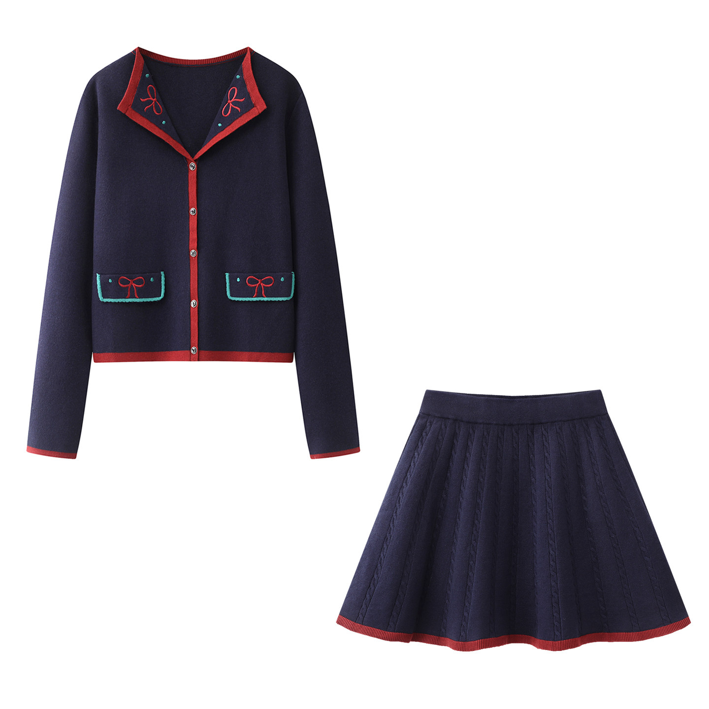 阔系の学院风蝴蝶结刺绣蓝色针织开衫+高腰显瘦短款A字半身裙套装,女装/女士精品,毛针织衫,淘宝优惠券,粉丝福利购,淘宝优惠卷