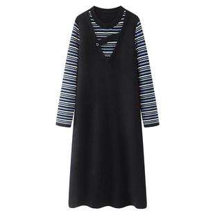 新款 背心针织连衣裙女2025秋冬季 宽松长裙子 条纹假两件长袖 阔系