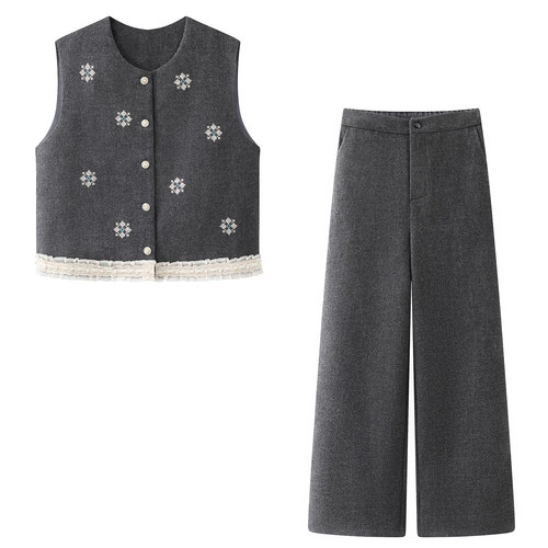 一套入の灰色刺绣马甲套装女2026春新款圆领花边上衣阔腿裤两件套