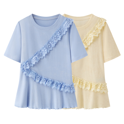 阔系の浅蓝色立体花边温柔风短袖T恤女2026夏季新款黄色拼接上衣