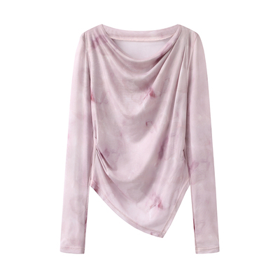 彩系の2025春季新款荡领晕染网纱不规则一字肩气质显瘦打底衫上衣