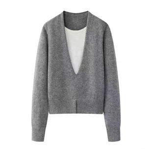 百搭休闲软糯气质显瘦V领假两件针织衫 时尚 女 2025秋冬新款 艾系