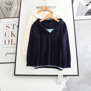 伊系の2026春新款时尚百搭气质显瘦藏青色假两件连帽针织衫女上衣