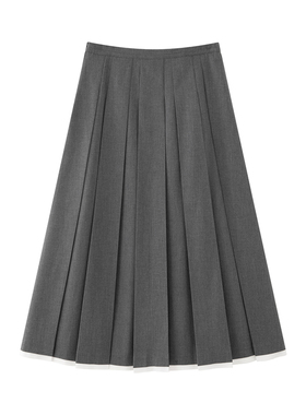 鸟+！2024秋季新款女装时尚百搭高腰显瘦灰色百褶中长款半身裙女