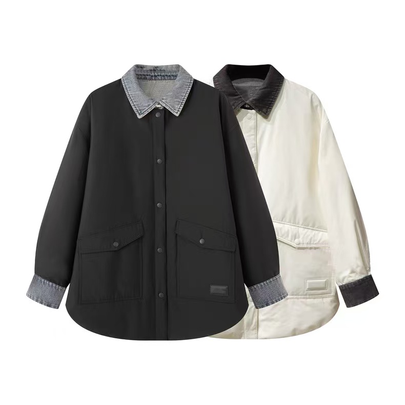 鸟+の2025冬新款时尚百搭宽松翻领拼接衬衫式轻薄款羽绒服外套女