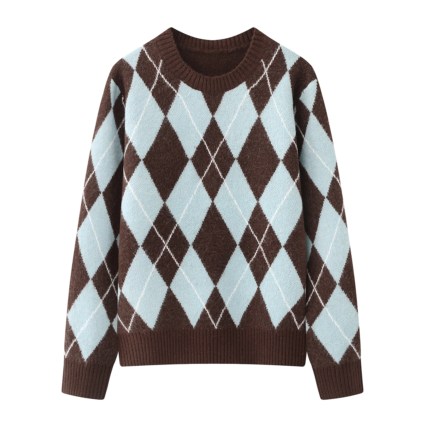 朗+の撞色菱形格针织衫女2025冬季新款法式复古宽松显瘦圆领毛衣