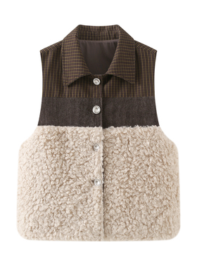 阔系の深杏色毛绒拼接马甲开衫外套女2025秋冬季新款叠穿背心夹克