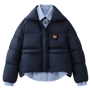 阔系の假两件衬衫拼接羽绒服翻领外套女2025秋冬新款休闲格子上衣