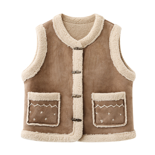 背心马夹 复古宽松无袖 浅棕色皮毛一体刺绣毛毛马甲女2025冬季 新款