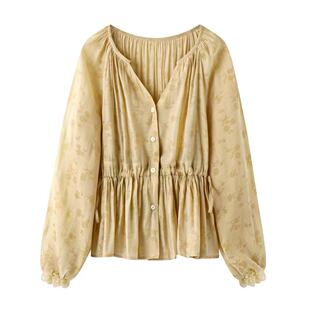谜+の黄色暗纹印花衬衫女2025秋新款灯笼袖抽绳收腰蕾丝花边上衣