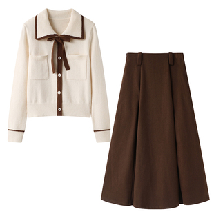 影系の时尚百搭假两件翻领针织衫+高腰显瘦中长款A字半身裙套装女