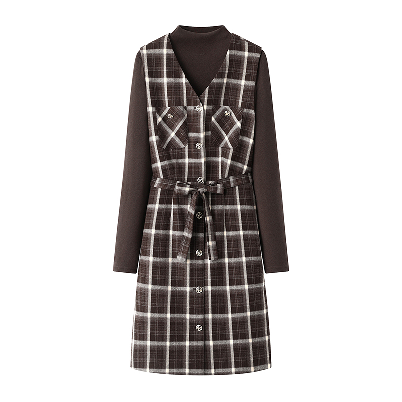 影系の格子连衣裙套装女2025秋冬新款咖色T恤无袖背心裙子两件套