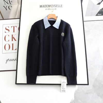 诗系の可拆卸领！2025秋冬新款气质显瘦假两件藏青色套头针织衫女