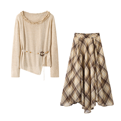 谜+の波西米亚腰带针织衫女+高腰显瘦中长款A字格子半身裙套装女