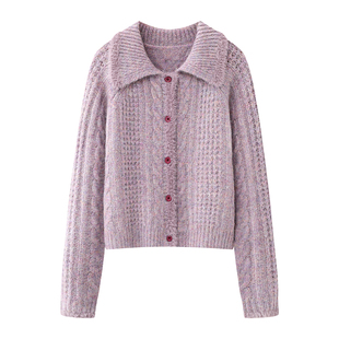 麻花宽松复古加厚针织开衫 谜 紫色翻领仿貂毛毛衣2025秋冬新款