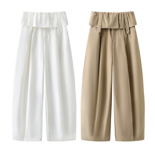 白色弯刀阔腿长裤 子女2026春秋新款 卡其色假两件屁帘休闲裤 阔系