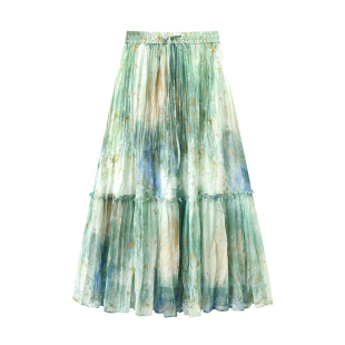 影系 绝美垂感度假风雪纺a字裙 绿色渐变晕染半身裙女2025夏新款