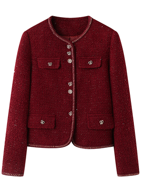 影系の法式小香风红色外套女短款2025秋季新款甜美减龄粗花呢上衣