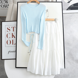 麦系の时尚百搭气质修身显瘦针织衫+高腰显瘦中长款A字半身裙套装