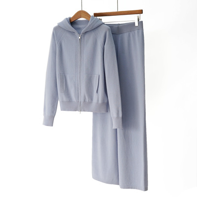 随性好穿~L*P25冬新品羊绒羊毛百搭休闲连帽长袖开衫外套长裤套装