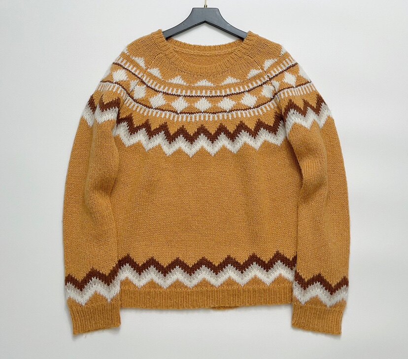 复古费尔岛提花羊毛混纺圆领套头针织衫毛衣