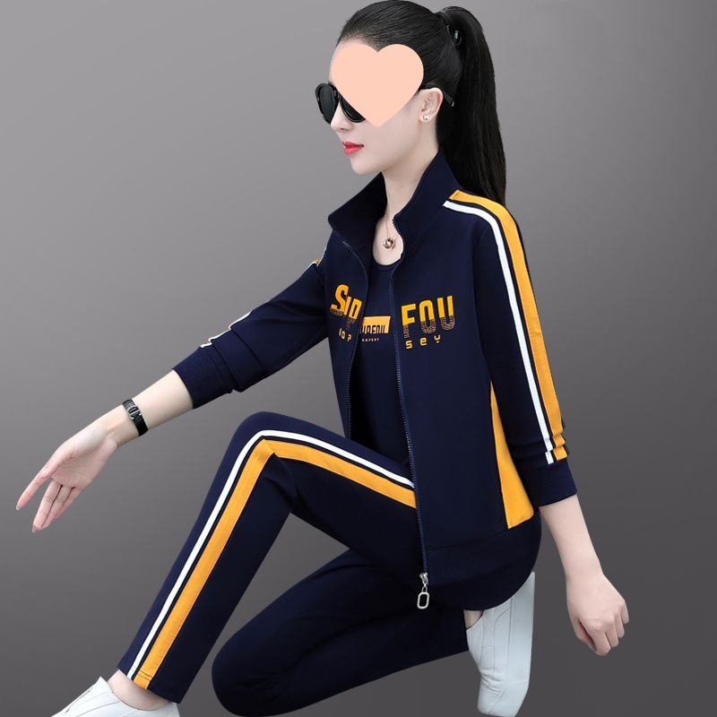 运动套装女士春秋季三件套时尚长袖显瘦跑步服大码中年妈妈休闲装