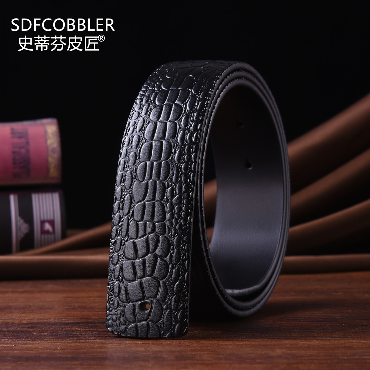 史蒂芬皮匠鳄鱼纹无头皮带男真皮