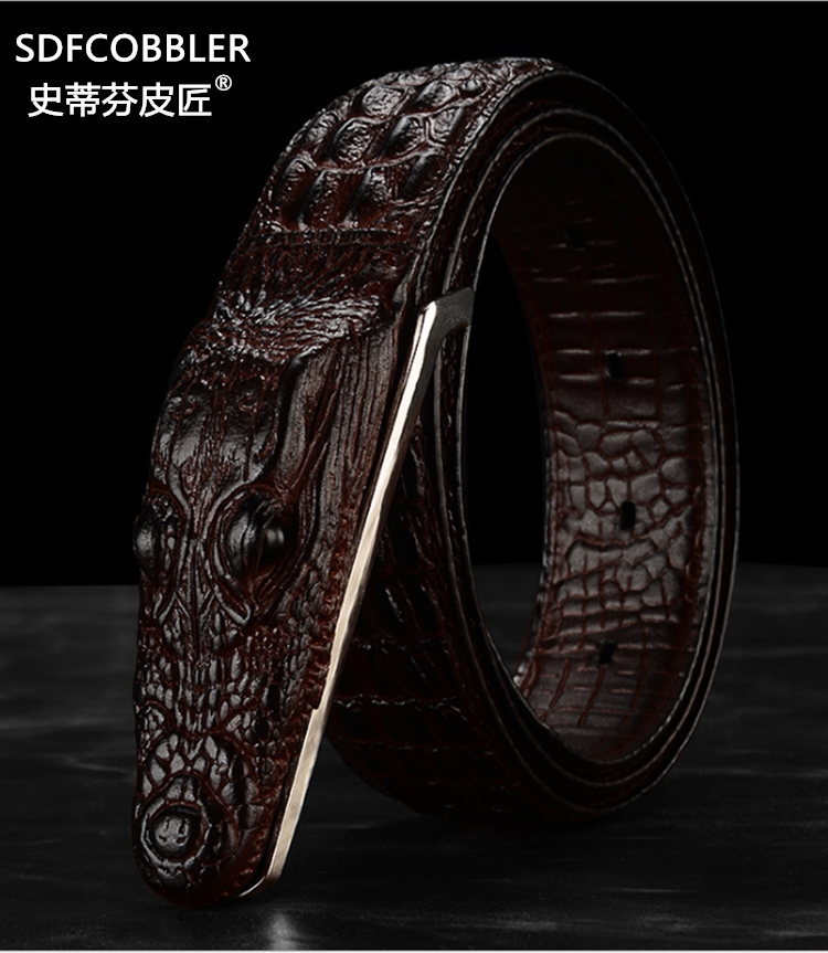 史蒂芬皮匠新款皮带男士鳄鱼纹真皮平滑扣皮带青年纯牛皮休闲腰带