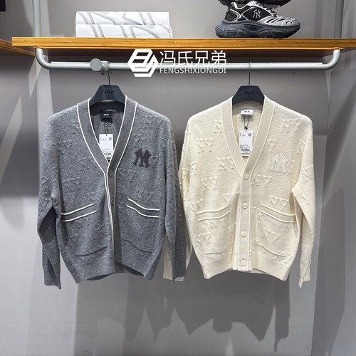 MLB针织开衫NY老花满印情侣毛衣