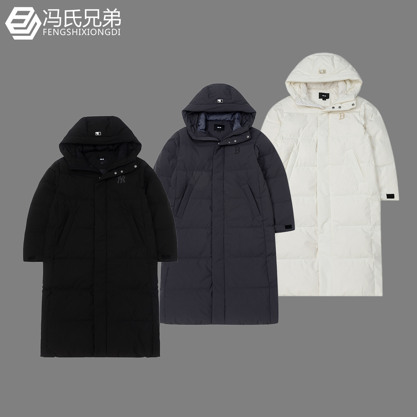 MLB保暖防寒连帽长款情侣羽绒服