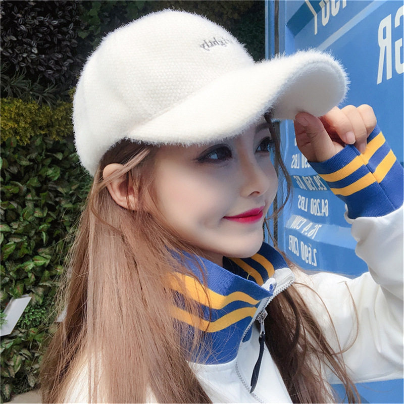 韩版加厚保暖兔毛混纺棒球帽子女秋冬天绣字母时尚潮流保暖鸭舌帽