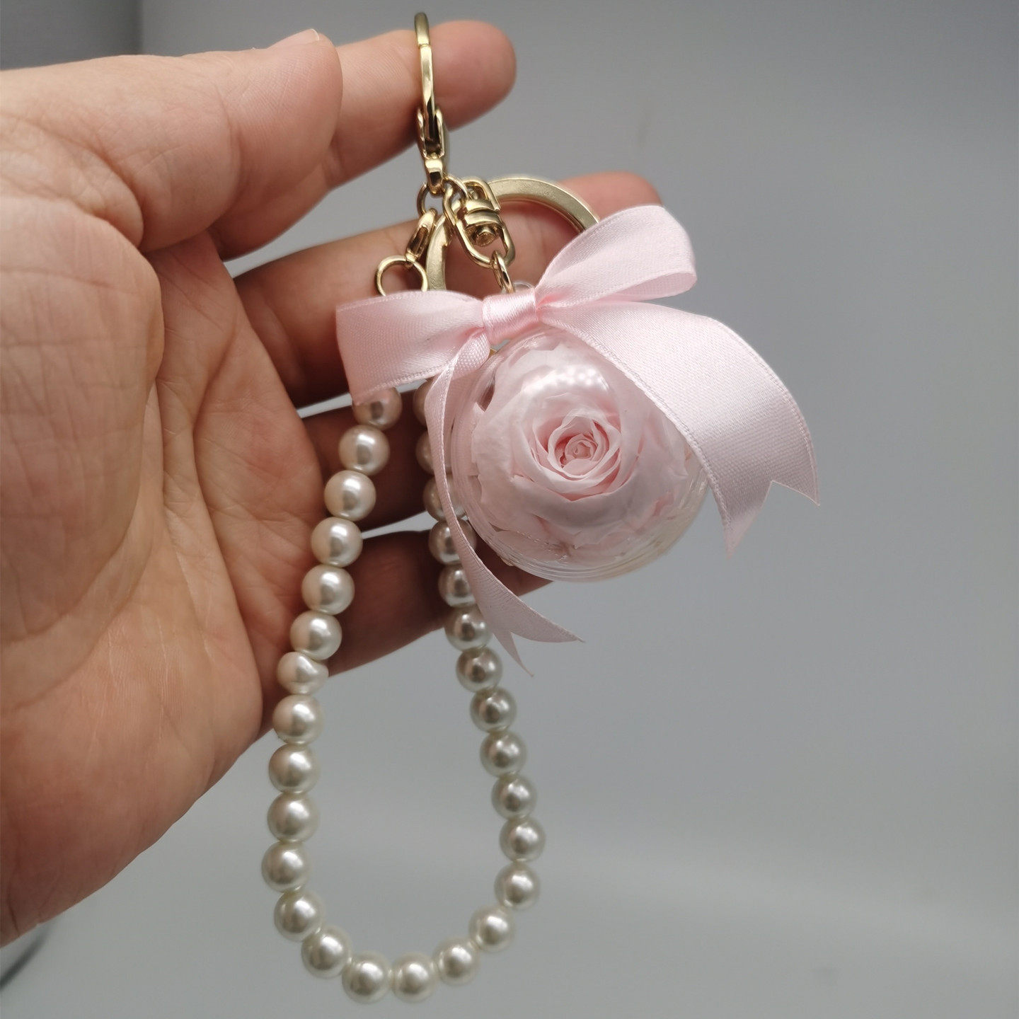 网红永生花珍珠钥匙扣女士包包挂件镶钻桃心爱心汽车创意精致吊坠