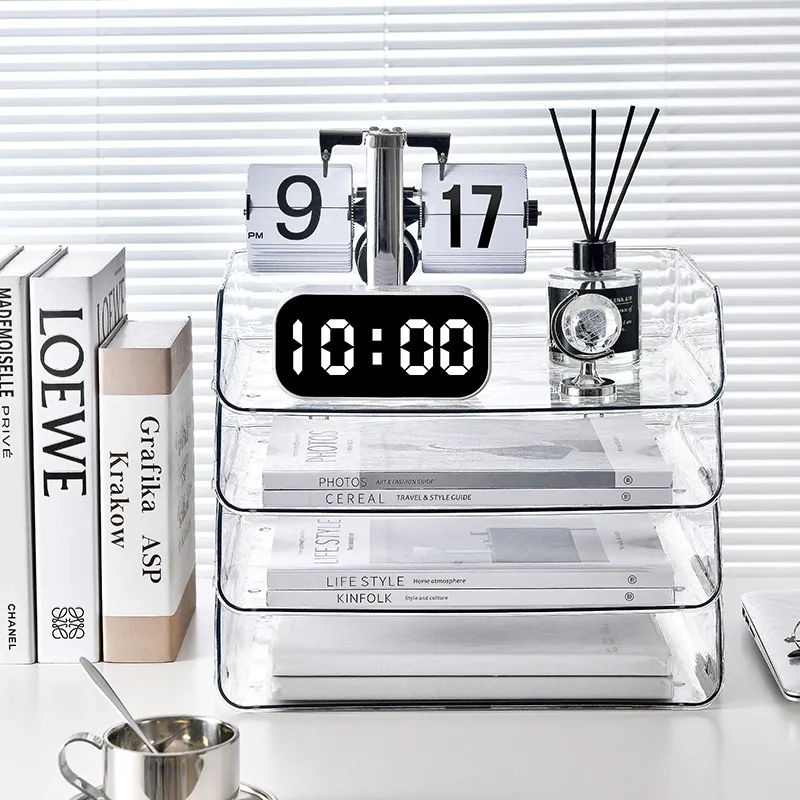 文件架办公室桌面多层收纳盒透明文件置物架可叠加亚克力书架书立