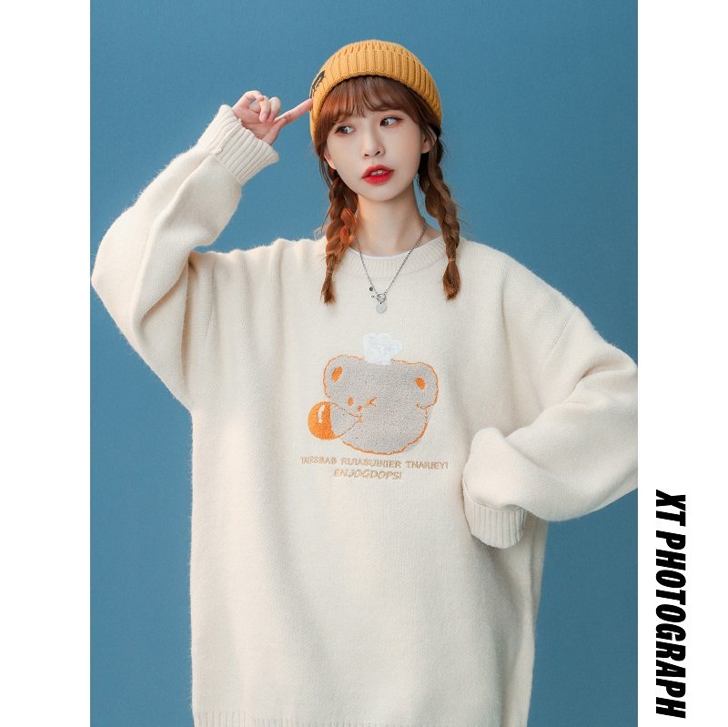 2023 Autumn/Winter Lazy Wind Towel Embroidered Pullover Knitwear Cute Couple Loose Sweater MY075-P60_voghion.com