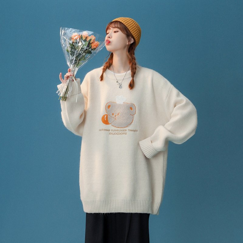 2023 Autumn/Winter Lazy Wind Towel Embroidered Pullover Knitwear Cute Couple Loose Sweater MY075-P60_voghion.com
